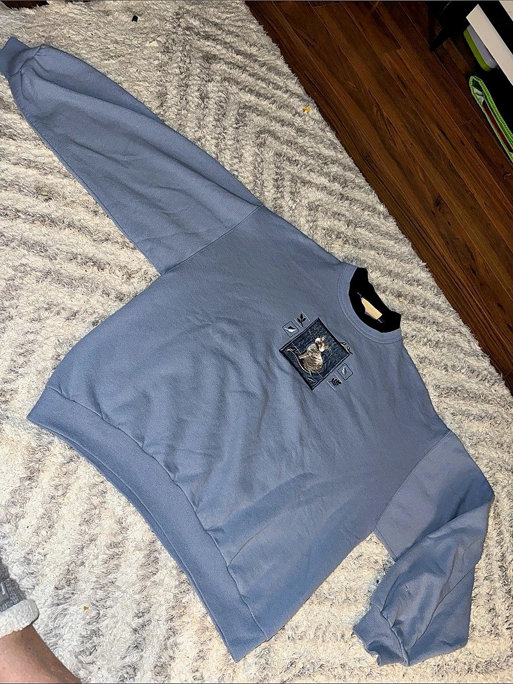 Vintage Top Stitch Blue Cat by morning sun Embroidered Crewneck Sweatshirt